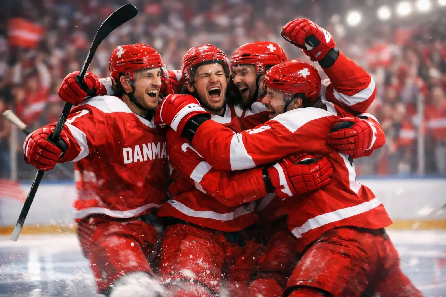 Det danske ishockey landshold fejrer sejr ved VM